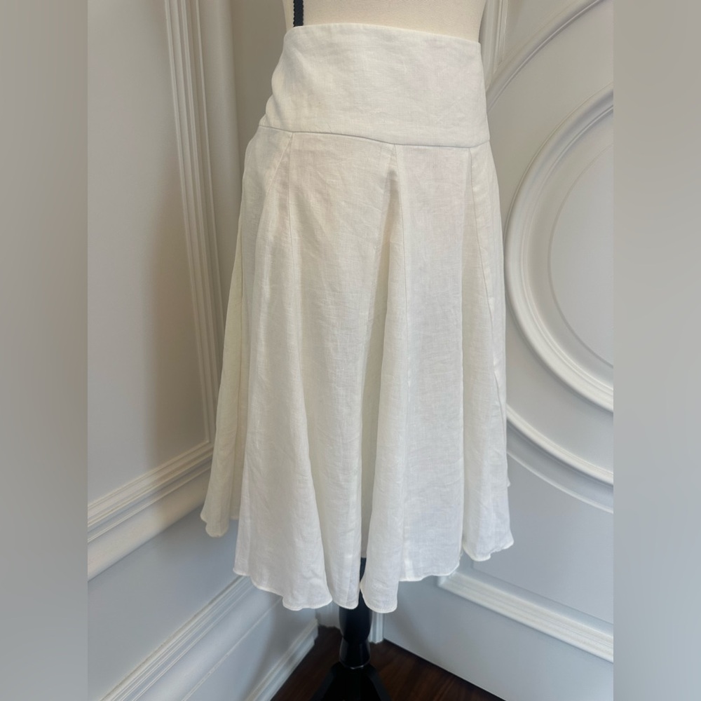 Ralph Lauren White 100% Linen Knee Length Flowy Pleated Skater Girl Skirt (10) - Picture 3 of 8